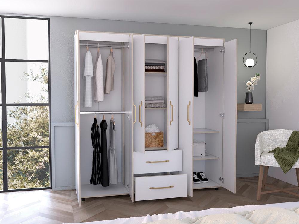 Closet Golden, Blanco y Dorado, Variedad de Entrepaños, Seis Puertas Abatibles y Canto Cuero. - VIRTUAL MUEBLES