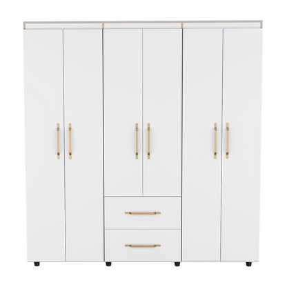 Closet Golden, Blanco y Dorado, Variedad de Entrepaños, Seis Puertas Abatibles y Canto Cuero. - VIRTUAL MUEBLES