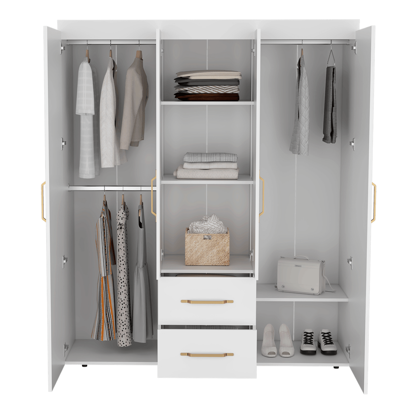 Closet Eco Golden, Blanco y Dorado, Variedad de Entrepaños y Cuatro Puertas Abatibles - VIRTUAL MUEBLES