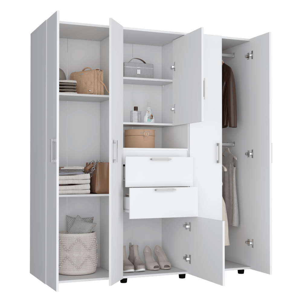 Closet Camelia, Blanco, con Dos Cajones, Seis Puertas y Tubos Metalicos - VIRTUAL MUEBLES