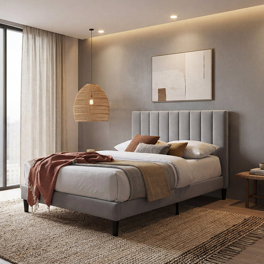 Cama doble Lisa gris claro con espaldar alto tapizado, 140x190