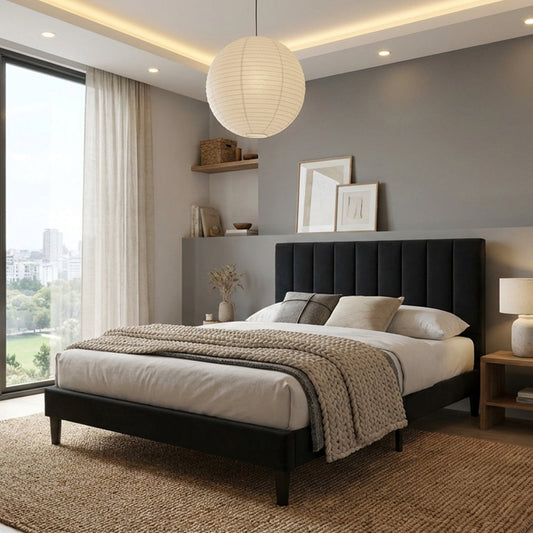 Cama doble Lisa negra en madera roble con espaldar tapizado 140x190