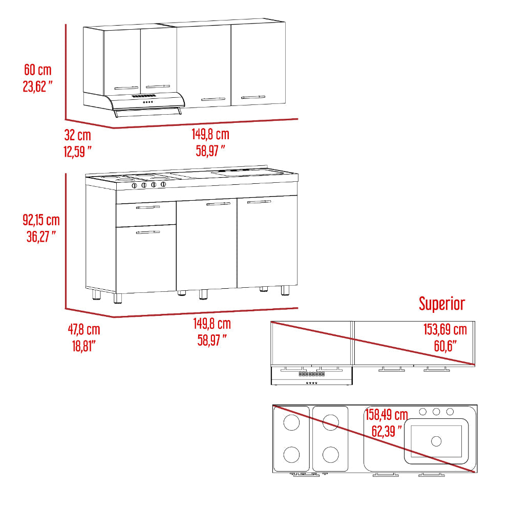 Cocina Integral Ameralto, Beige y Blanco, Incluye Mesón Derecho y Campana