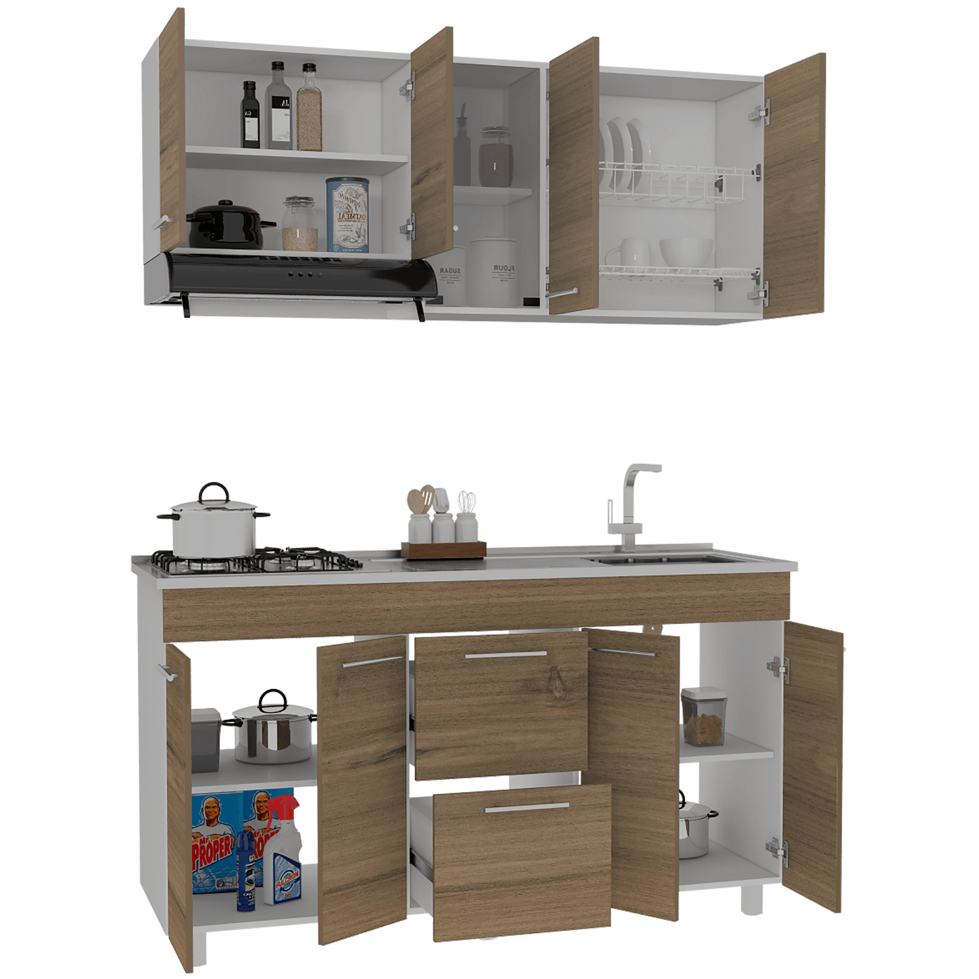 Cocina Integral Prada, Moca y Blanco, Incluye Mesón Derecho - VIRTUAL MUEBLES