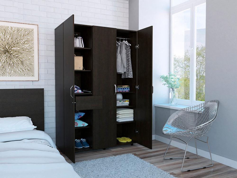 Closet Mudi, Wengue, con un Cajon Organizador y Tubo Cromado - VIRTUAL MUEBLES