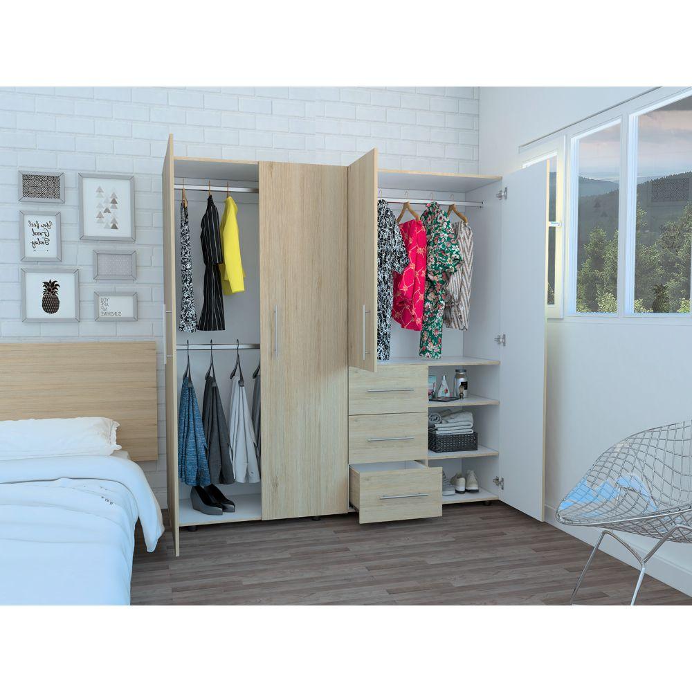 Closet Poche, Beige y Blanco, con Tres Cajones Multiusos y Cuatro Puertas Batientes - VIRTUAL MUEBLES