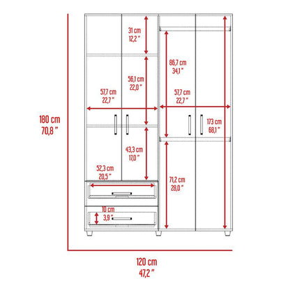 Closet Arkola, Humo y Blanco Duqueza, con Dos Cajones Organizadores y Cuatro Puertas Abatibles - VIRTUAL MUEBLES