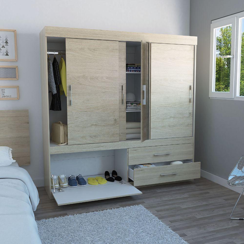 Closet Astrid, Beige y Blanco, con Dos Cajones y Dos Tubos Cromados Para Colgar Ropa - VIRTUAL MUEBLES