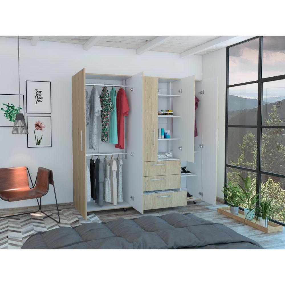 Closet Montreal, Beige y Blanco, con Tres Cajones Organizadores y Tres Tubos Cromados - VIRTUAL MUEBLES