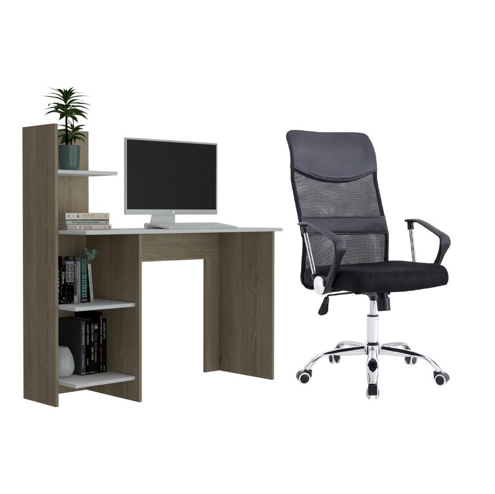Combo de oficina Climber con escritorio beige y blanco y silla negra