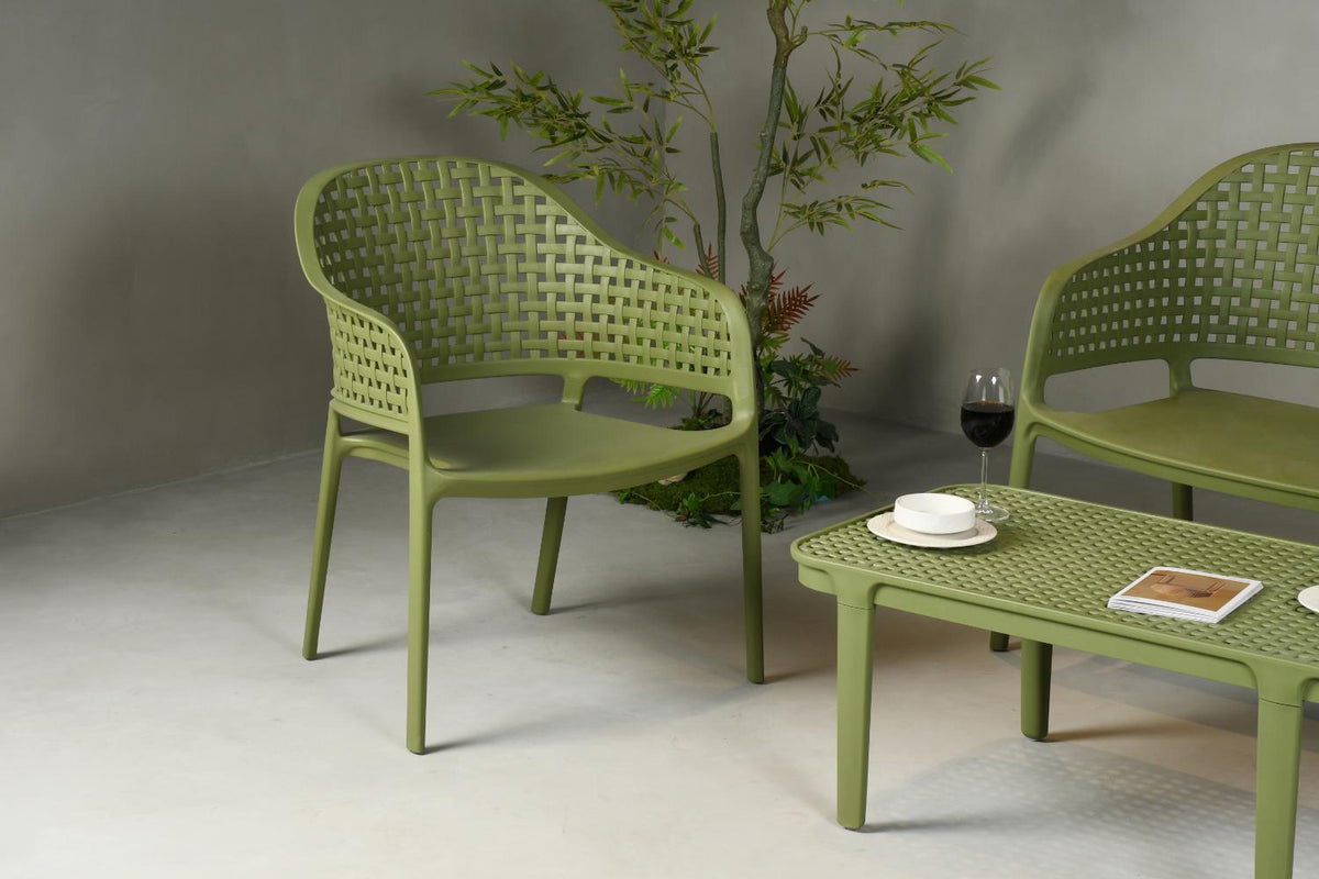 Juego de sala exterior Amalfi verde olivo: mesa de centro, 2 sillas y banco – vista 18