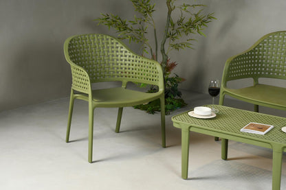 Juego de sala exterior Amalfi verde olivo: mesa de centro, 2 sillas y banco – vista 18