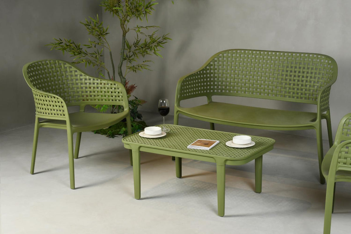 Juego de sala exterior Amalfi verde olivo: mesa de centro, 2 sillas y banco – vista 19