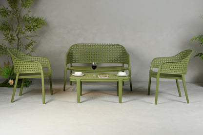 Juego de sala exterior Amalfi verde olivo: mesa de centro, 2 sillas y banco – vista 3