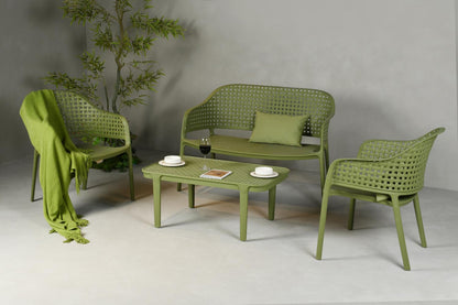 Juego de sala exterior Amalfi verde olivo: mesa de centro, 2 sillas y banco – vista 20