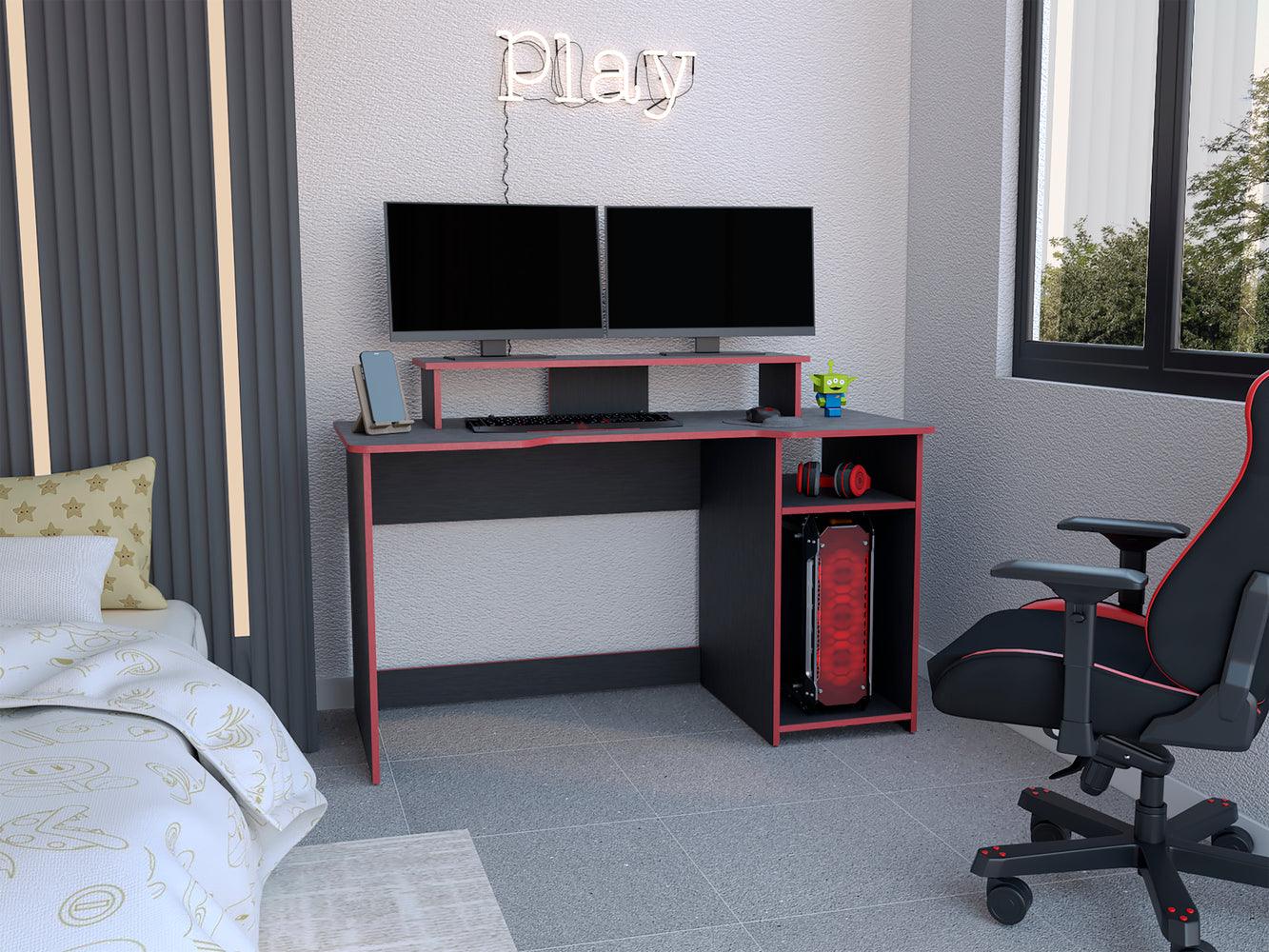 Escritorio Gamer Willy, Wengue y Rojo, con Espacio Adicional para Pantallas - VIRTUAL MUEBLES