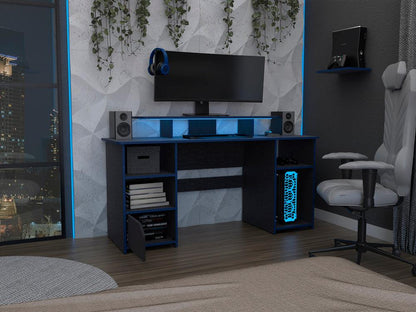 Escritorio Gamer Trollino, Wengue y Azul, con Luz LED y Espacio Adicional para Pantallas - VIRTUAL MUEBLES