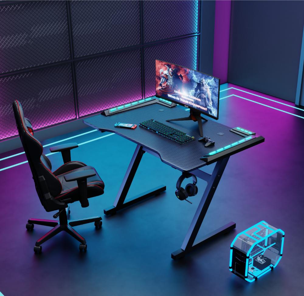 Combo gamer Mind con escritorio negro de luz led y silla gamer reclinable - vista lateral