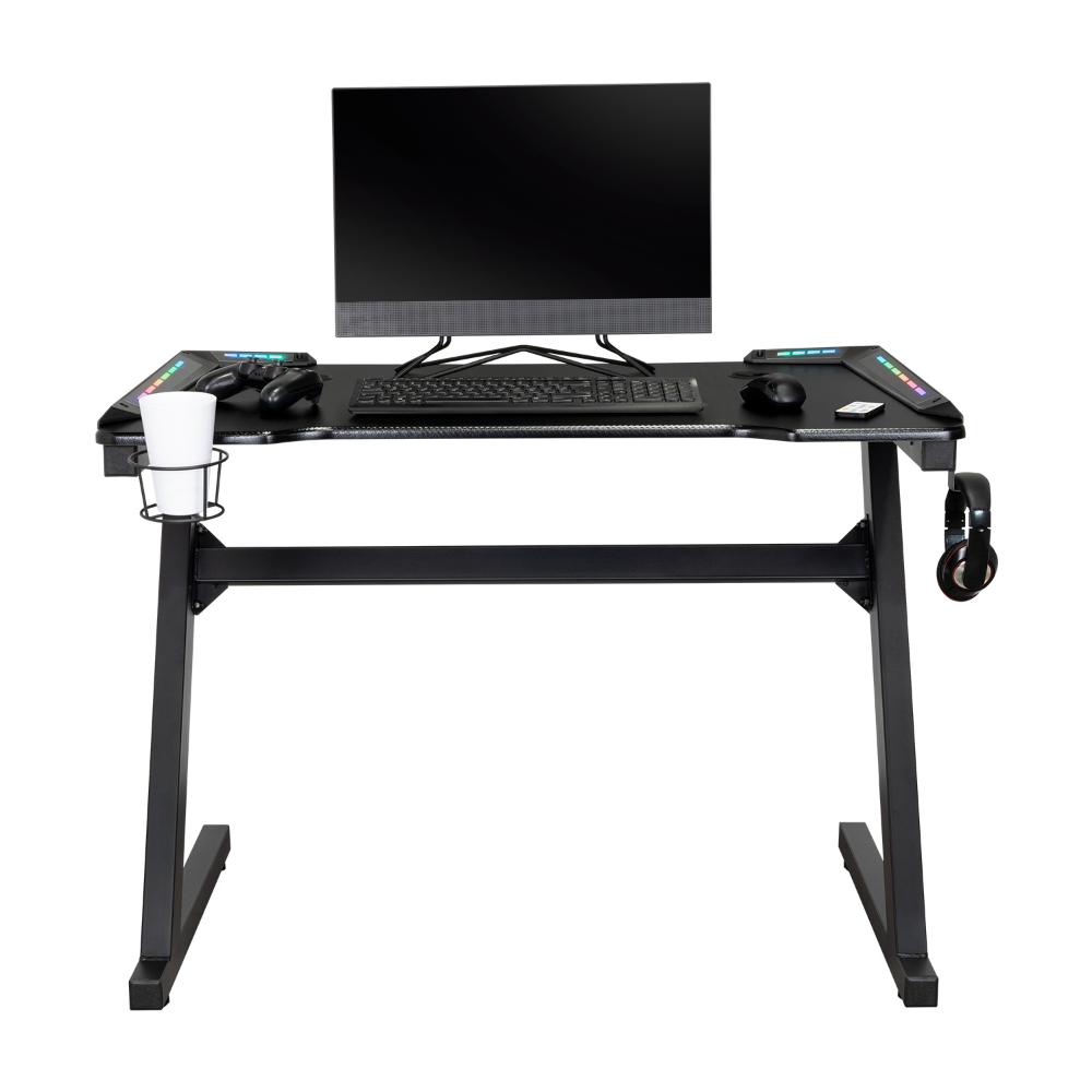 Combo gamer Mind con escritorio negro de luz led y silla gamer reclinable - vista posterior