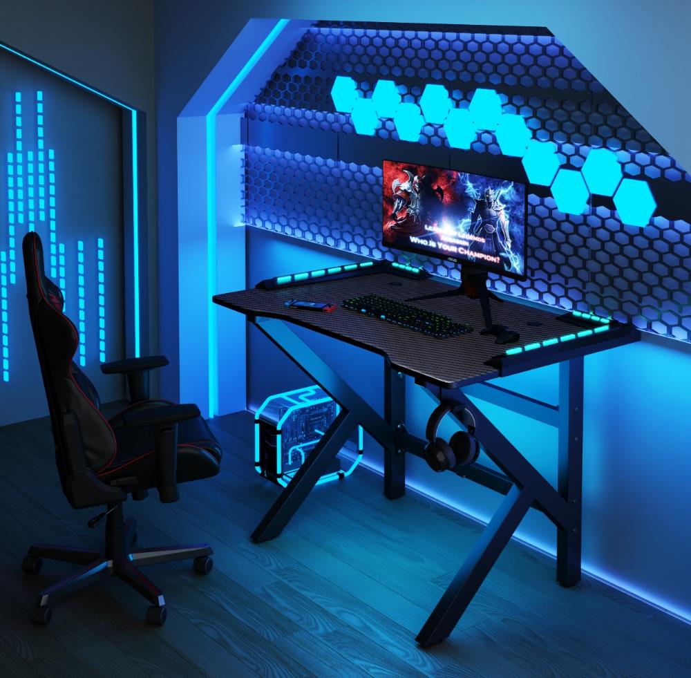 Escritorio gamer Galactic negro con luz LED y estructura metálica, 100 cm - vista frontal