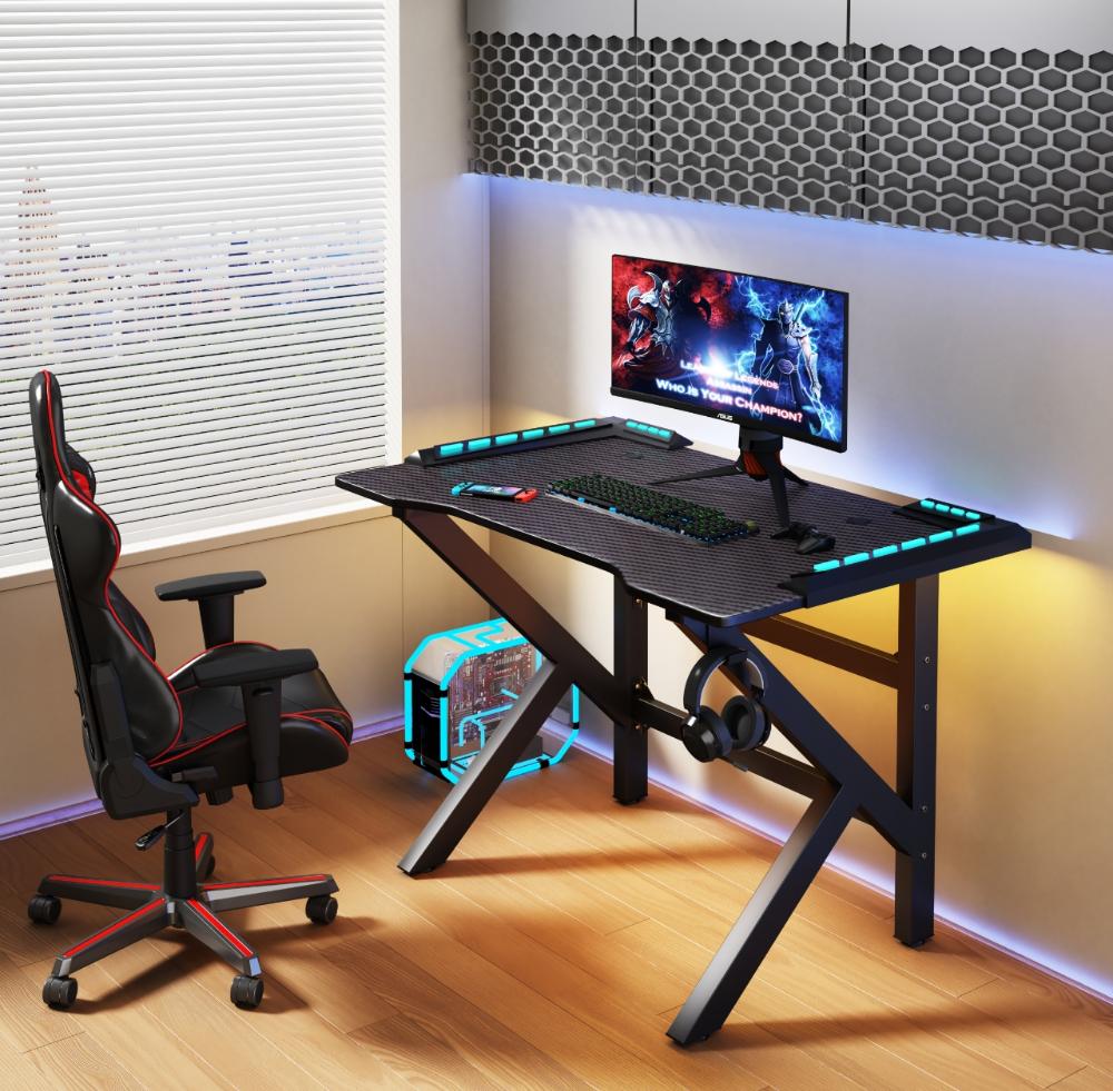 Escritorio gamer Galactic negro con luz LED y estructura metálica, 100 cm - vista lateral