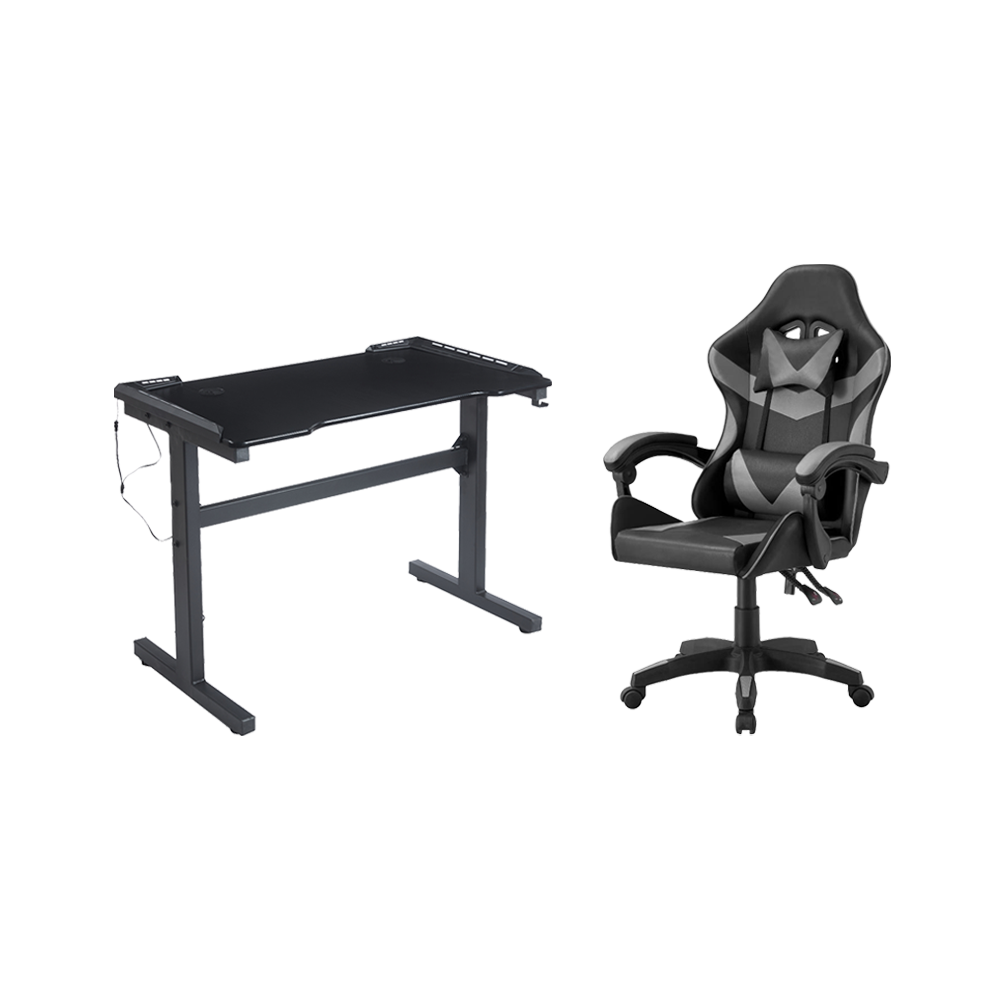 Combo gamer Fire escritorio con luz LED y silla gamer gris reclinable - vista frontal