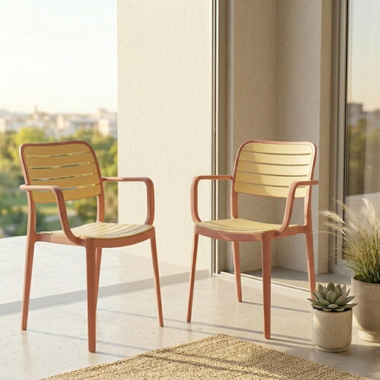 Set de 2 Sillas con Brazos Carolina, Terracota y Beige, y Espaldar de Líneas Horizontales