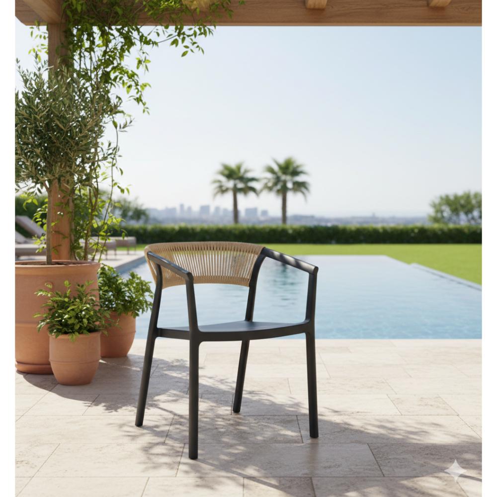Set de 4 Sillas Balí, Negro y Café Oscuro, con Espaldar en Cuerdas y Diseño Moderno