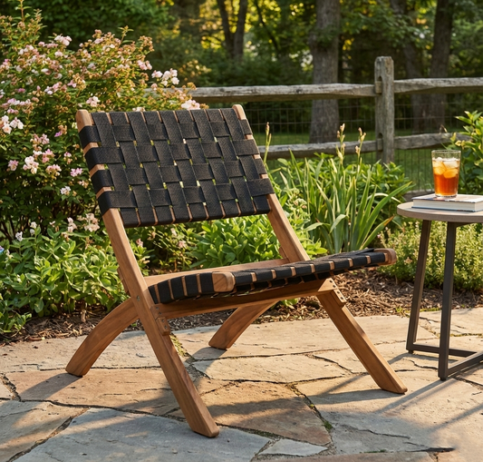 Silla plegable Eris en madera de acacia con cinchas de nailon negro