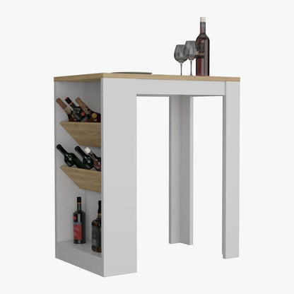 Barra de Cocina Celeste, Blanco y Macadamia, con Entrepaños inclinados para Ubicar Botellas - VIRTUAL MUEBLES