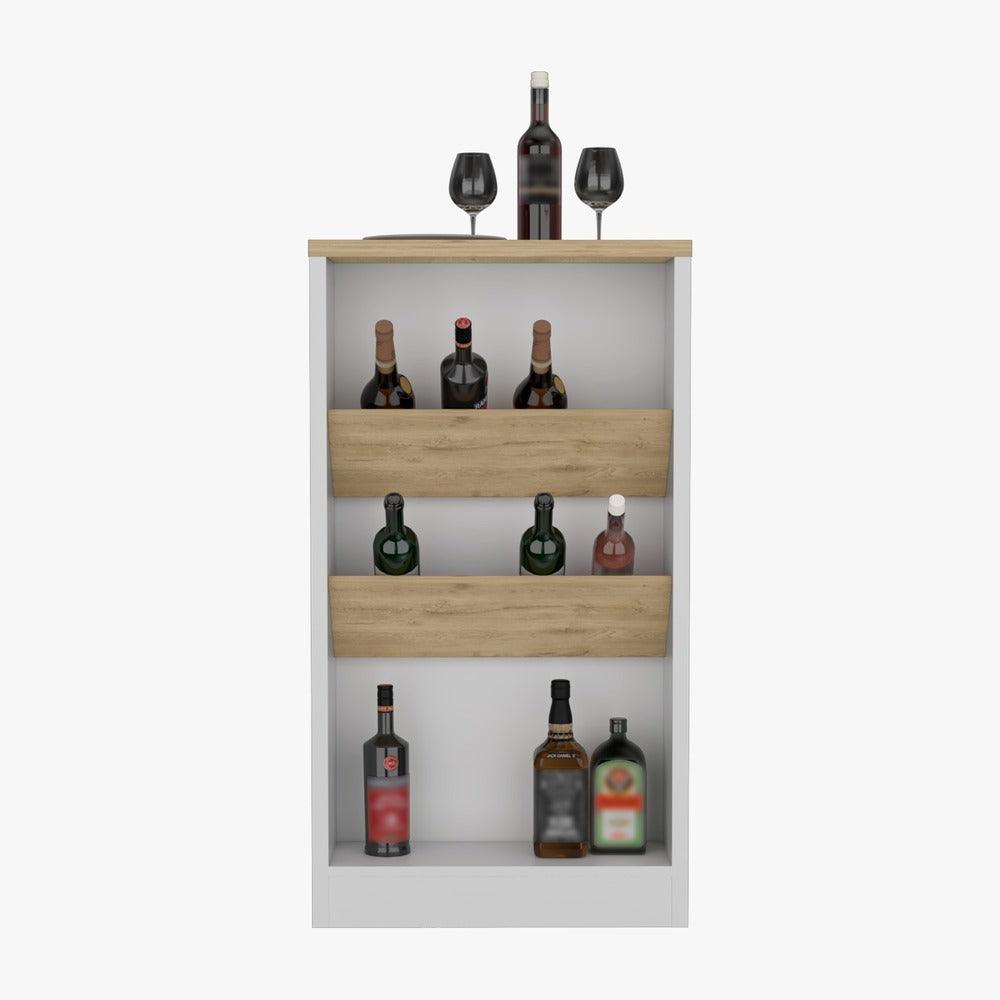 Barra de Cocina Celeste, Blanco y Macadamia, con Entrepaños inclinados para Ubicar Botellas - VIRTUAL MUEBLES