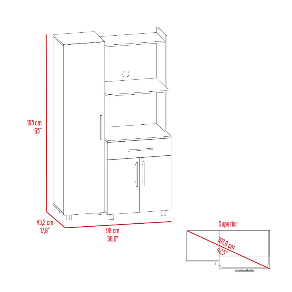 Alacena Panter, Blanco Duqueza y Bardolino, con espacio para microondas puertas abatibles y un cajon