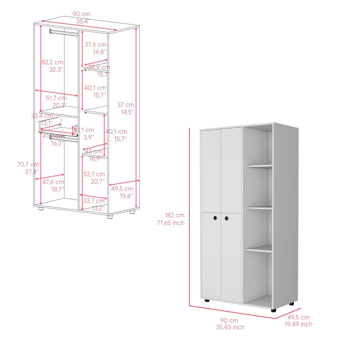 Closet Mandi, Blanco, con Dos Tubos y Un Cajon Deslizable ZF - VIRTUAL MUEBLES