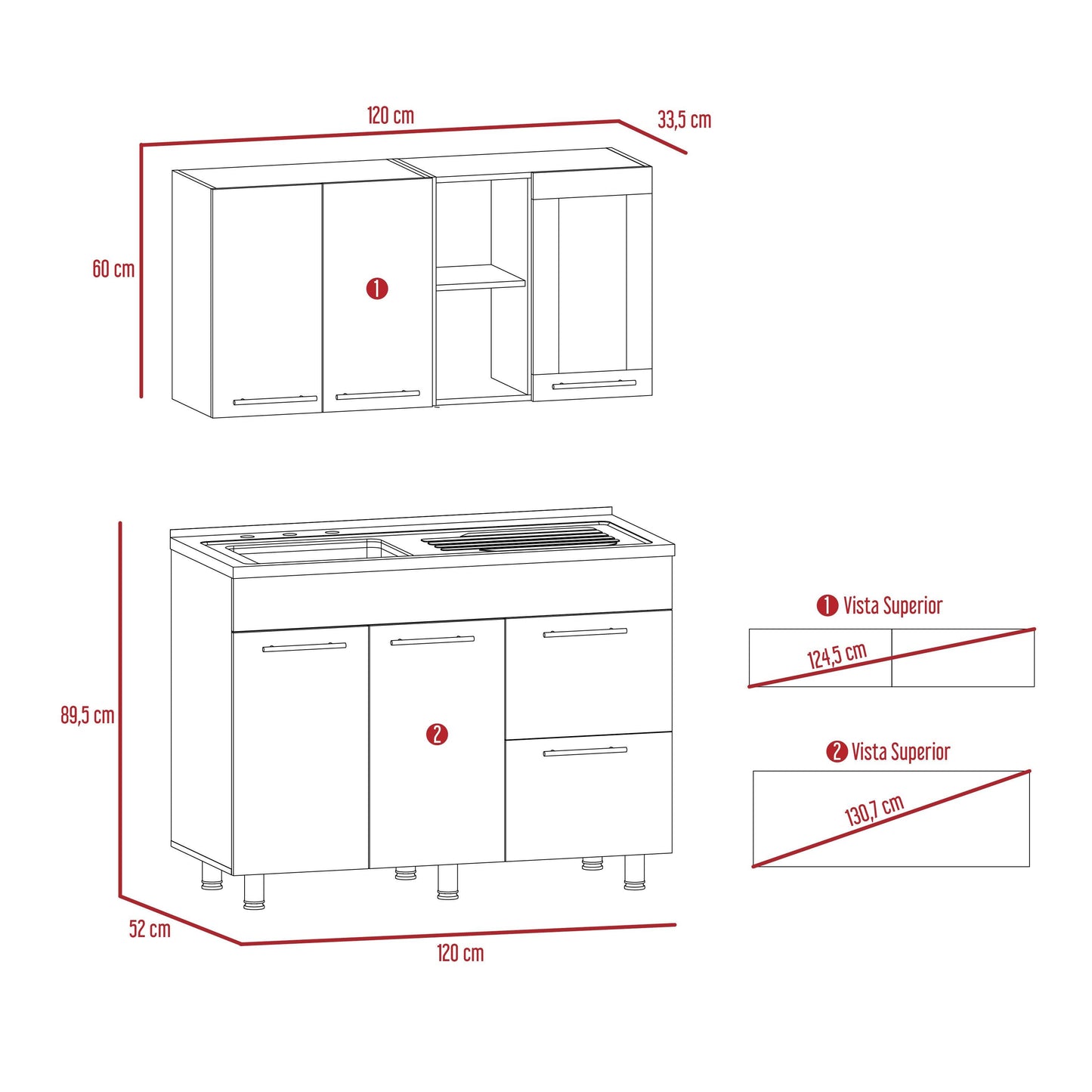 Cocina Integral Walker color Sangría y Blanco.