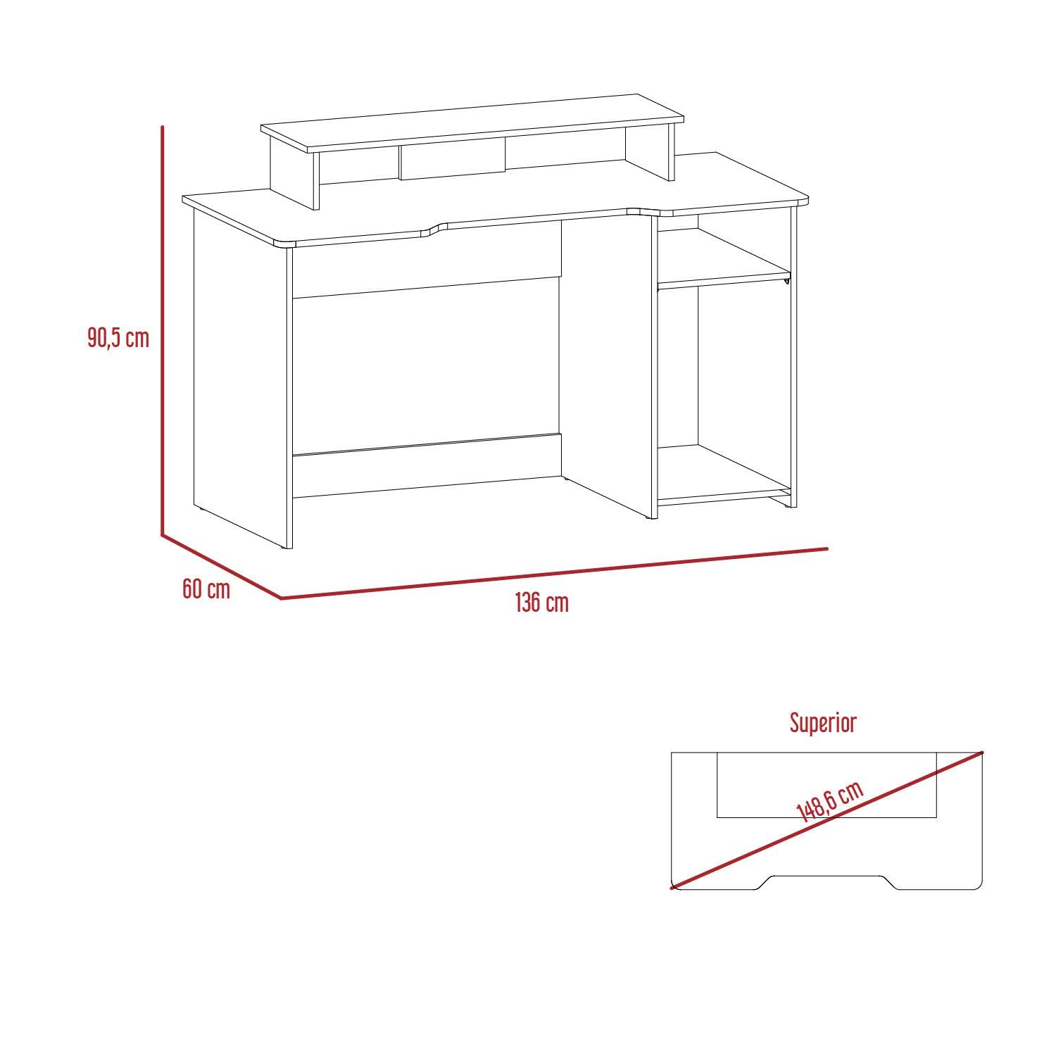 Escritorio Gamer Willy, Wengue y Rojo, con Espacio Adicional para Pantallas - VIRTUAL MUEBLES