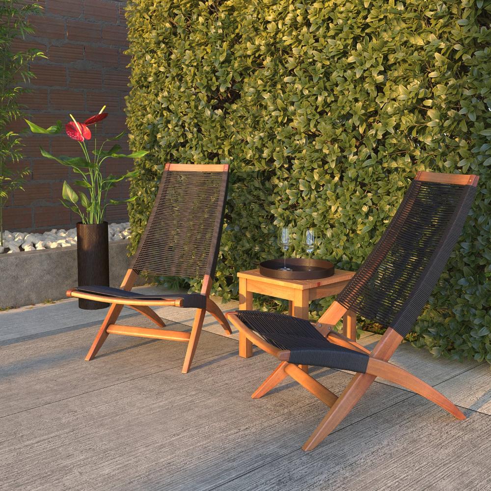 Silla plegable Lomy en madera de acacia con cuerdas negro y beige - vista frontal
