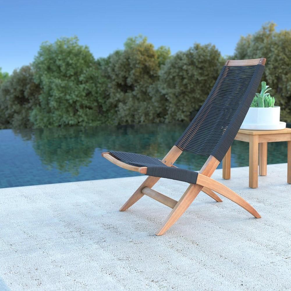 Silla plegable Lomy en madera de acacia con cuerdas negro y beige - vista lateral