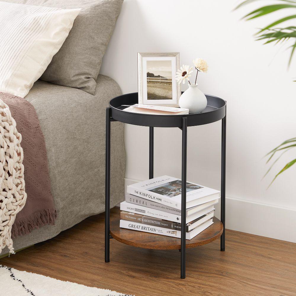 Mesa Auxiliar Tree, Negro y Roble, Ideal para Espacios Reducidos, vista lateral