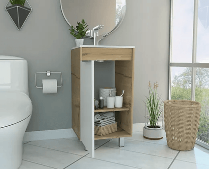 Mueble Lavamanos Burco, Café claro con Blanco, con espacio para ubicar objetos de aseo Incluye Lavamanos - VIRTUAL MUEBLES