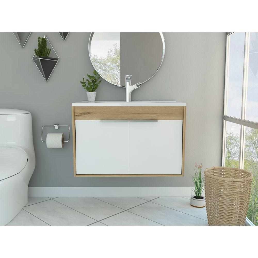 Mueble Lavamanos Burco color Café claro y Blanco para Baño.