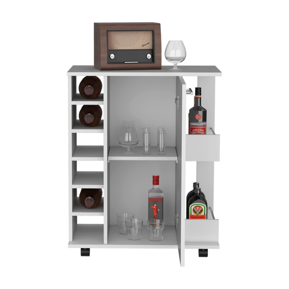 Bar Movible Liam, Blanco Duqueza, con espacio para ubicar copas y rodachines ZF - VIRTUAL MUEBLES