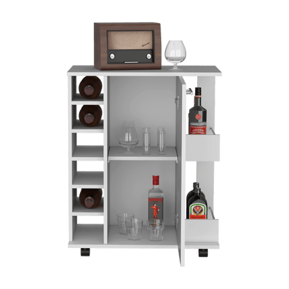 Bar Movible Liam, Blanco Duqueza, con espacio para ubicar copas y rodachines ZF - VIRTUAL MUEBLES