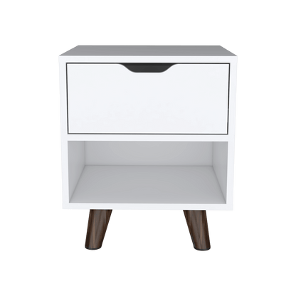 Mesa de Noche Canelo, Blanco, con Patas en Madera y un Cajón ZF - VIRTUAL MUEBLES