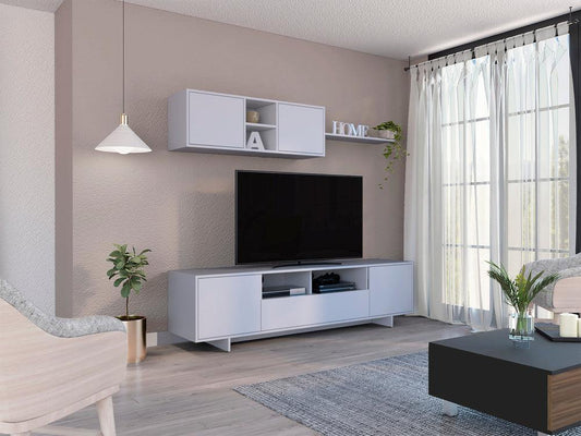 Mesa Para Tv Abni, Blanco, con tres puertas batientes y amplio espacio para objetos decorativos - VIRTUAL MUEBLES