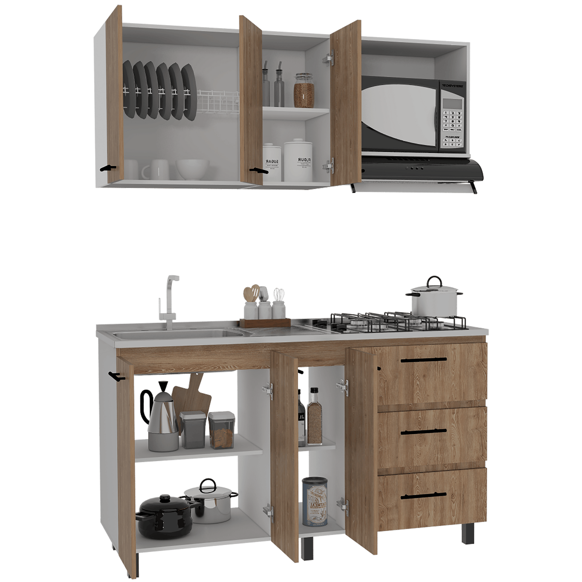 Cocina Integral Cavani, Miel y Blanco, con Tres Cajones y Tres Puertas Batientes, No incluye Mesón - VIRTUAL MUEBLES