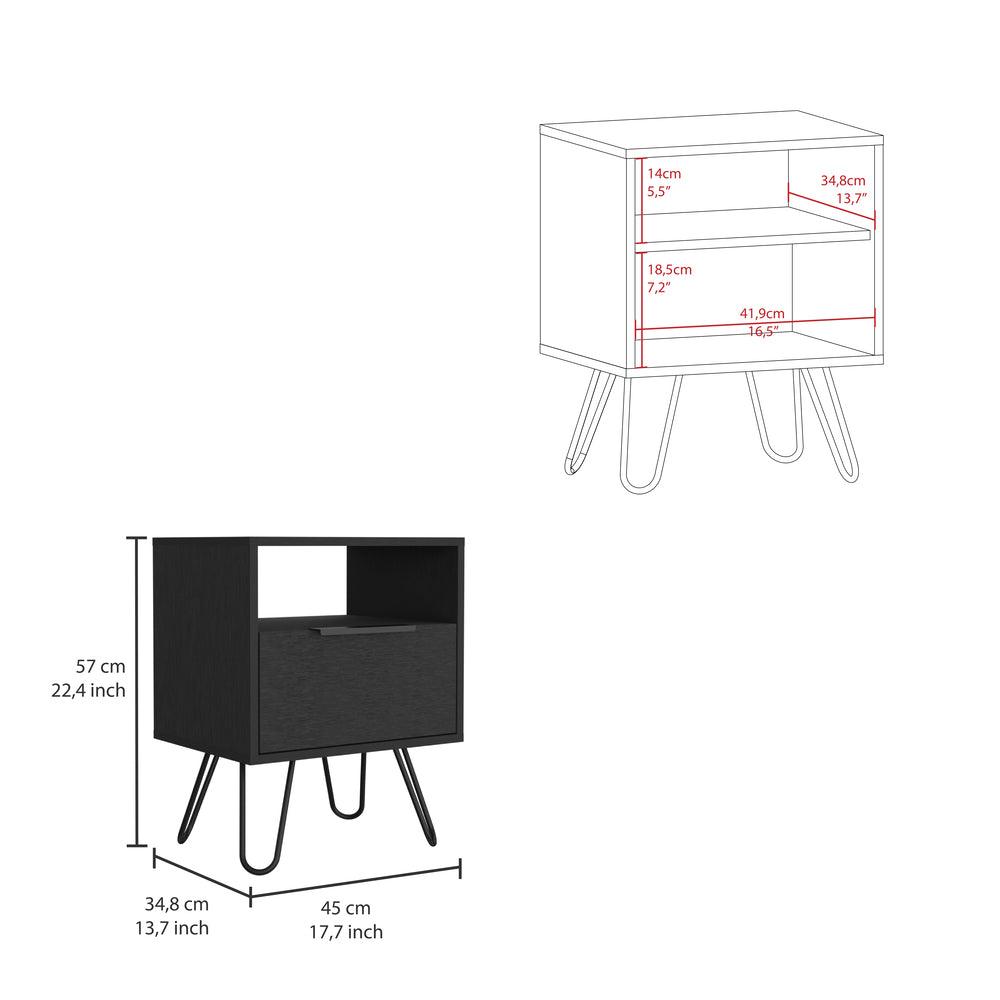 Mesa de Noche Ali, Wengue, con Dos Cajones y Patas Metalicas - VIRTUAL MUEBLES