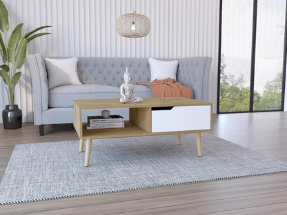 Mesa de Centro Raichel, Macadamia y Blanco, con Patas de Madera y Amplios Espacios Para Elementos Decorativos - VIRTUAL MUEBLES