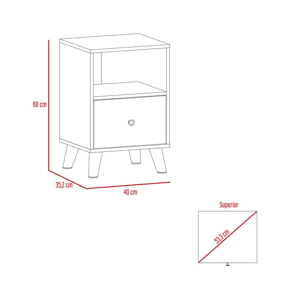 Mesa de Noche Samay, Gris y Macadamia, con Un Cajón y Patas Metálicas - VIRTUAL MUEBLES