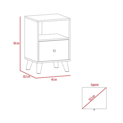 Mesa de Noche Samay, Gris y Macadamia, con Un Cajón y Patas Metálicas - VIRTUAL MUEBLES