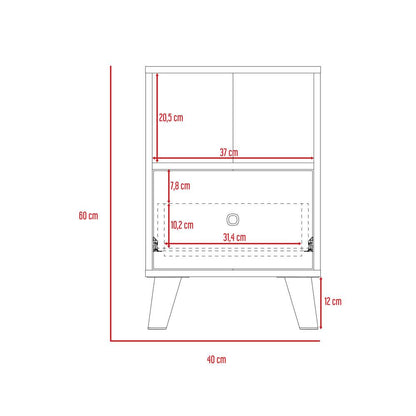 Mesa de Noche Samay, Gris y Macadamia, con Un Cajón y Patas Metálicas - VIRTUAL MUEBLES